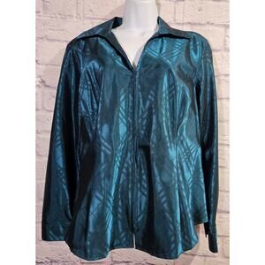 Coldwater Creek Green Blue Teal Full Zip Top PL Lightweight Satin